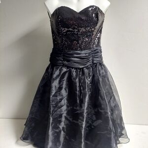 Mocca Marianna Black Sequin Satin Midi Dress‎ Evening Formal Strapless Y2K